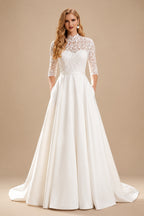 Rutipo White Ball-Gown High Neck 3/4 Sleeves Court Train Chiffon Lace Satin Wedding Dresses With Appliques Lace