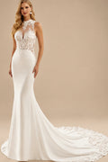 Rutipo Ivory Trumpet/Mermaid High Neck Sleeveless Royal Lace/Elastic Satin Wedding Dresses With Back Hole/Flower