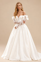 Rutipo White Ball-Gown Plunge Neck Detachable Sleeves Sweep Train Satin Tulle Wedding Dresses With Bow(s)