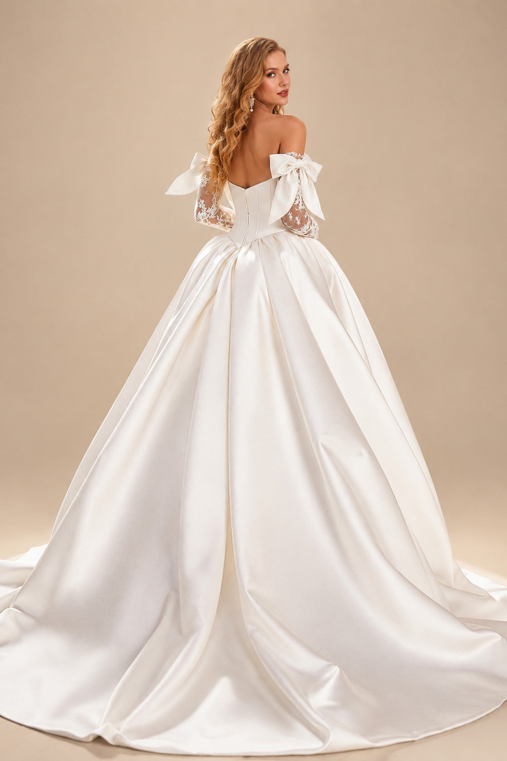 Rutipo White Ball-Gown Plunge Neck Detachable Sleeves Sweep Train Satin Tulle Wedding Dresses With Bow(s)