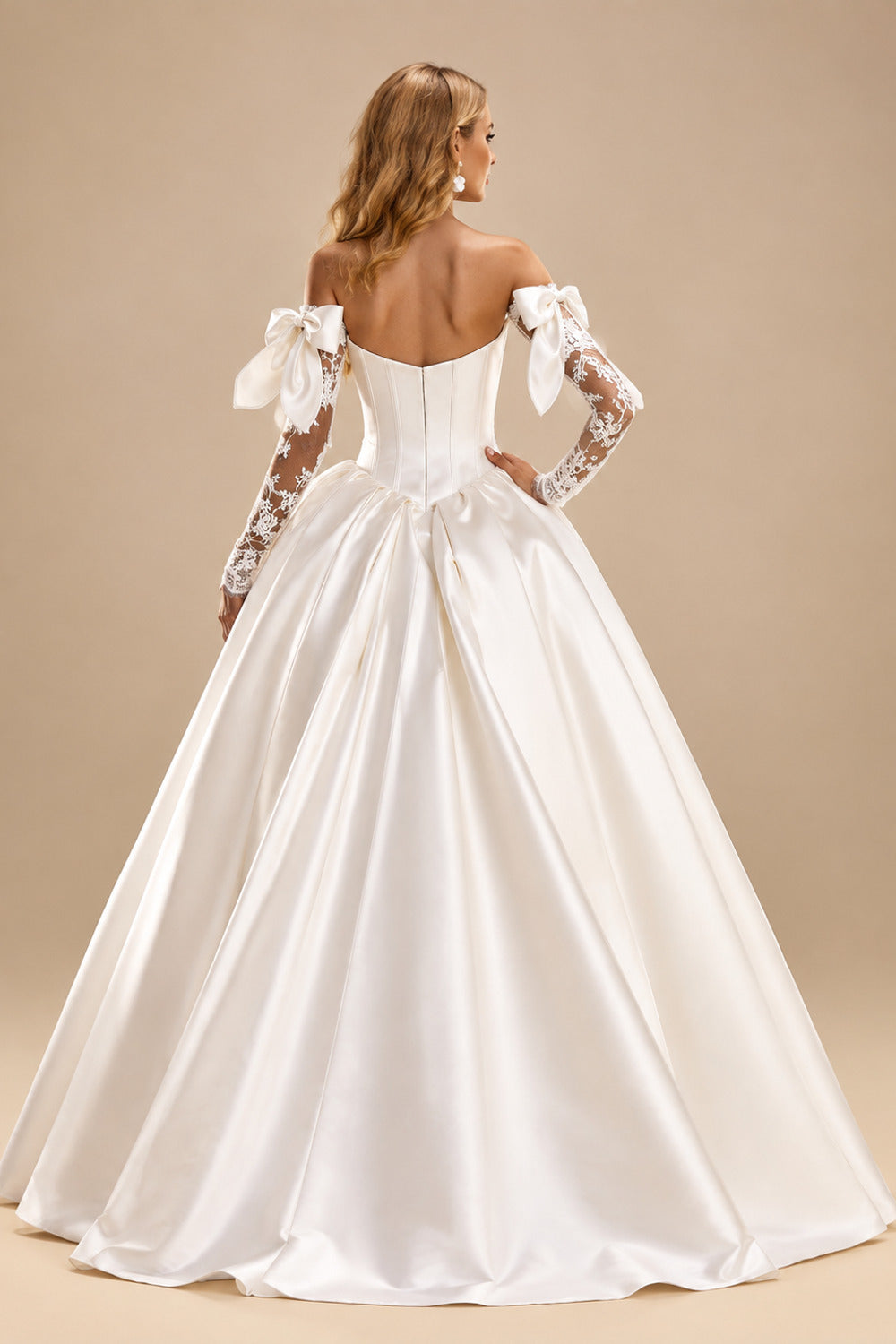 Rutipo White Ball-Gown Plunge Neck Detachable Sleeves Sweep Train Satin Tulle Wedding Dresses With Bow(s)