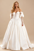 Rutipo White Ball-Gown Plunge Neck Detachable Sleeves Sweep Train Satin Tulle Wedding Dresses With Bow(s)