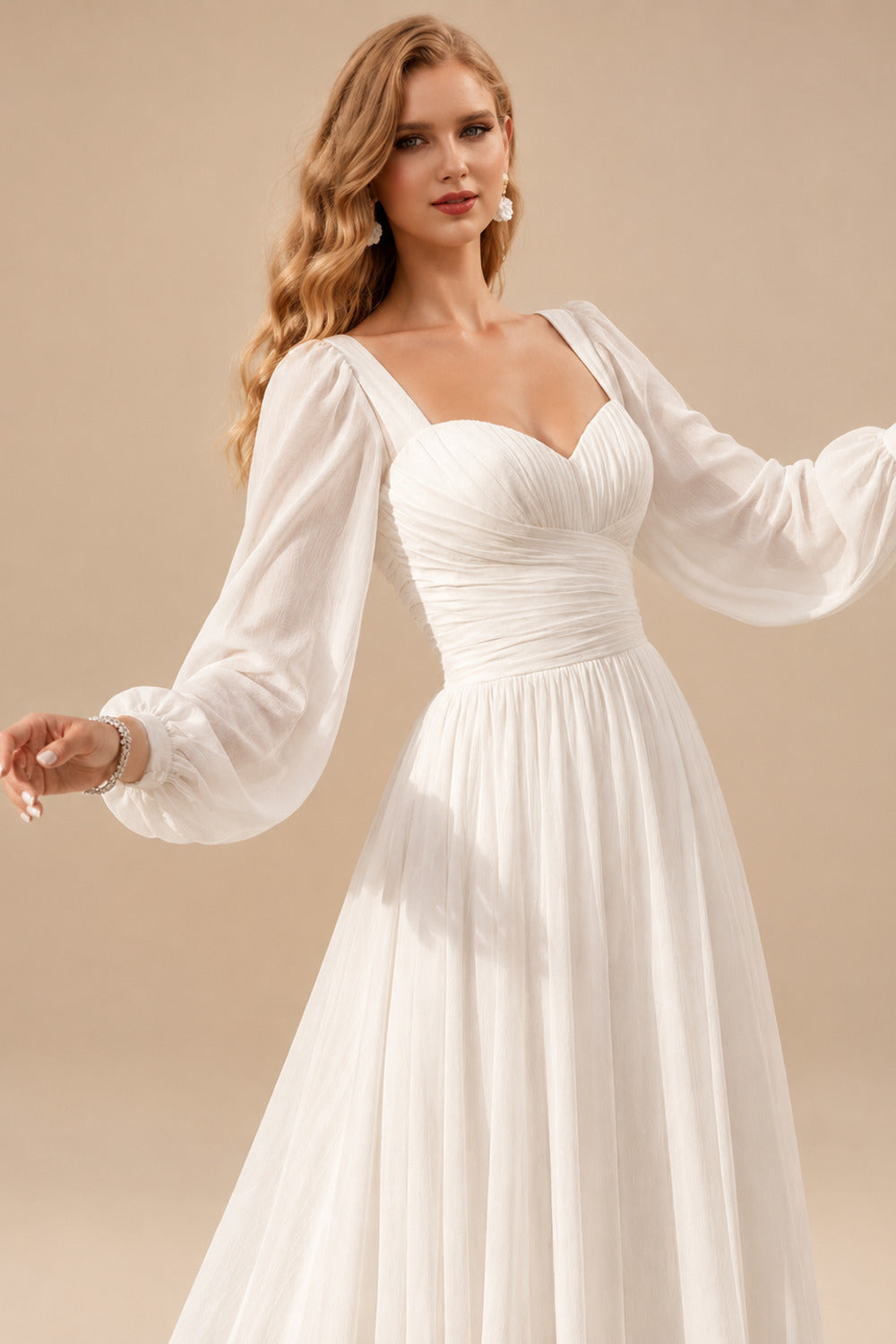 Rutipo Ivory A-Line Sweetheart Long Sleeves Sweep Train Chiffon Wedding Dresses