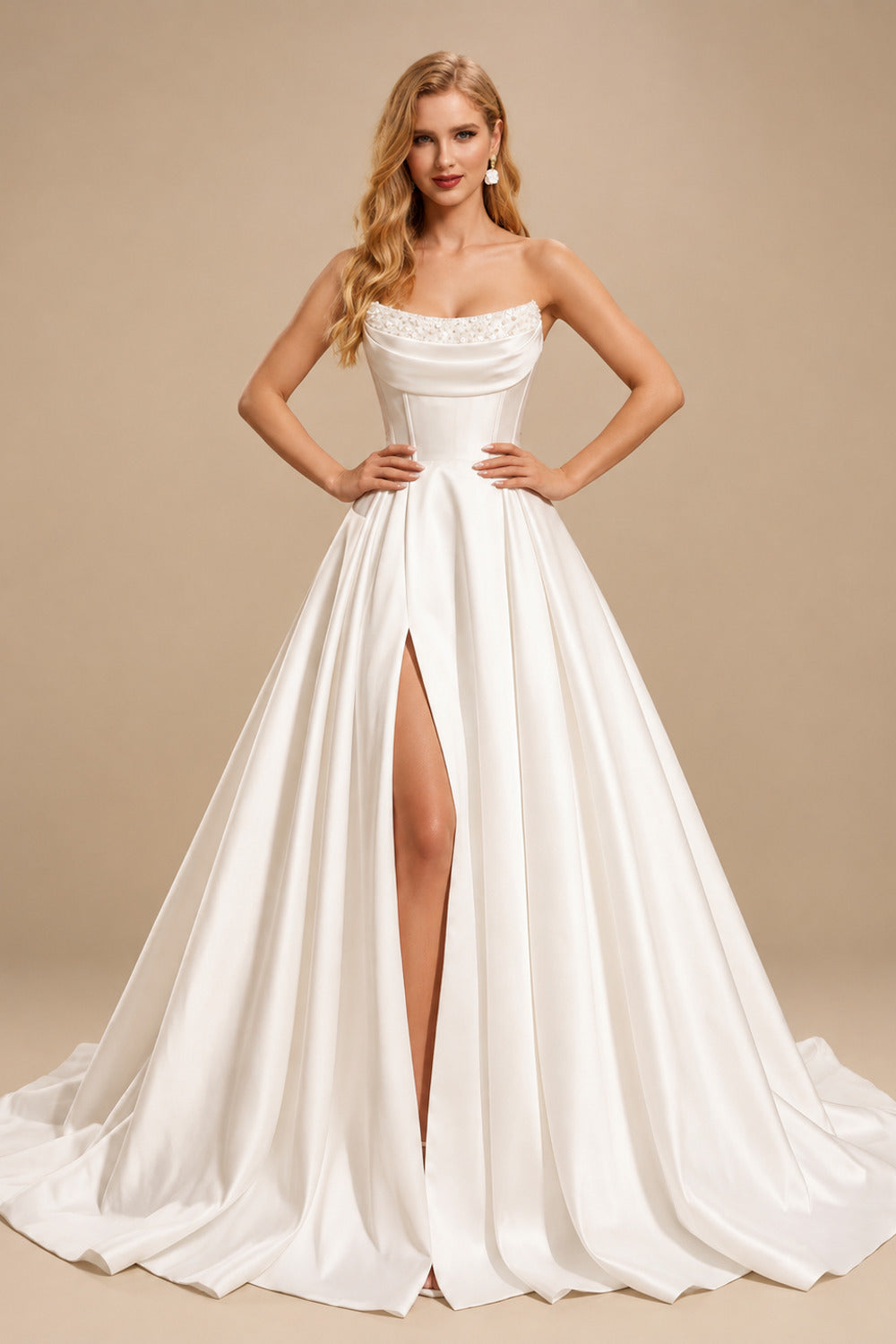Rutipo Ivory Elegant Cowl Neck Sleeveless A-Line Sweep Train Satin Wedding Dresses With Sequins/High Split