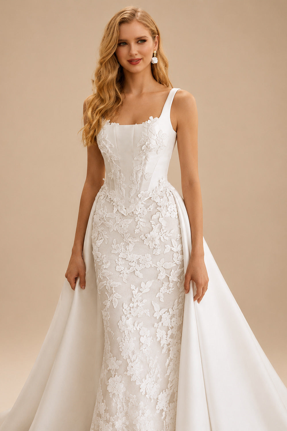 Rutipo White Trumpet Mermaid Square Neckline Sleeveless Chapel Train/Detachable Satin Elastic Satin Wedding Dresses With Lace Appliques Lace