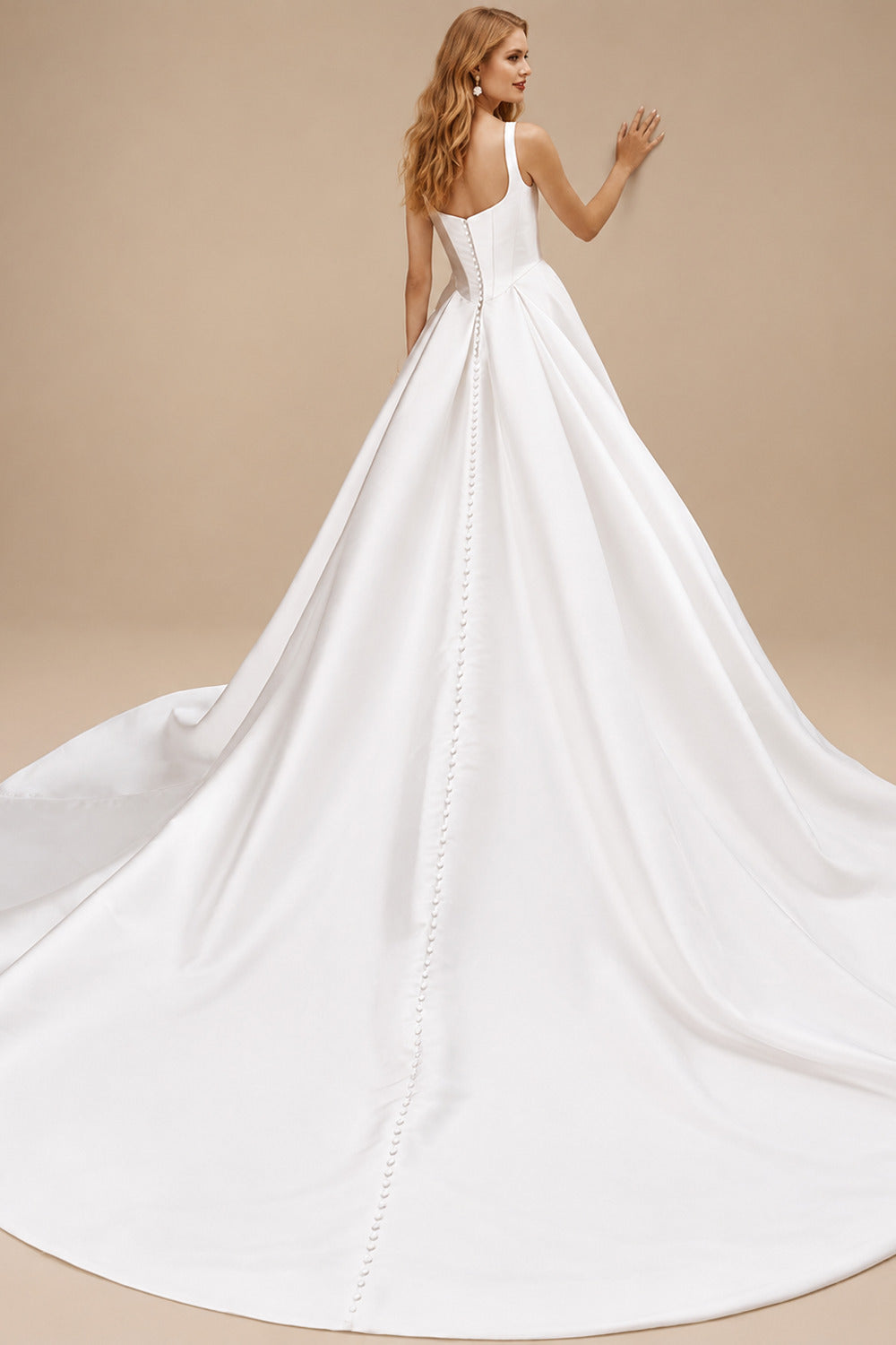 Rutipo White Trumpet Mermaid Square Neckline Sleeveless Chapel Train/Detachable Satin Elastic Satin Wedding Dresses With Lace Appliques Lace