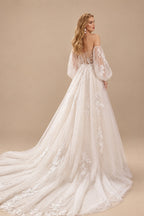 Rutipo As Picture Ball-Gown Sweetheart Detachable Sleeves Chapel Train Chiffon Tulle Wedding Dresses With Appliques Lace