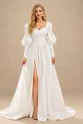 Rutipo Ivory A-Line Sweetheart Long Sleeves Detachable Soft Satin Wedding Dresses With High Split Shoulder Ruffle Bubble Hem
