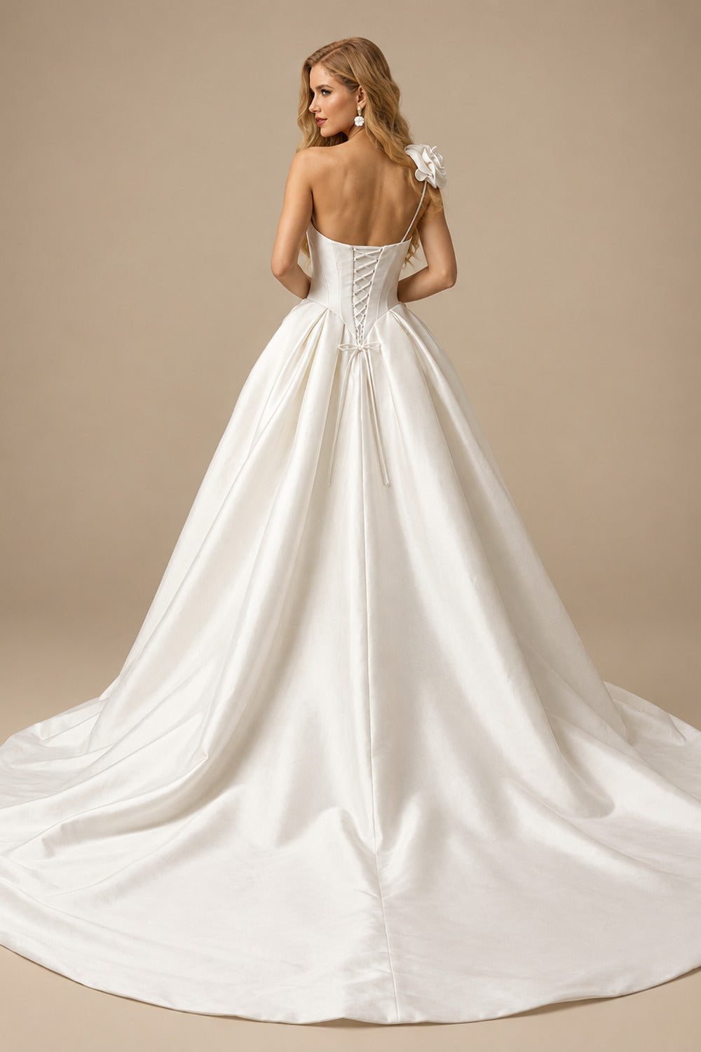Rutipo Ivory Ball-Gown One-Shoulder Sleeveless Sweep Train Matte Satin Wedding Dresses With Flower(s)