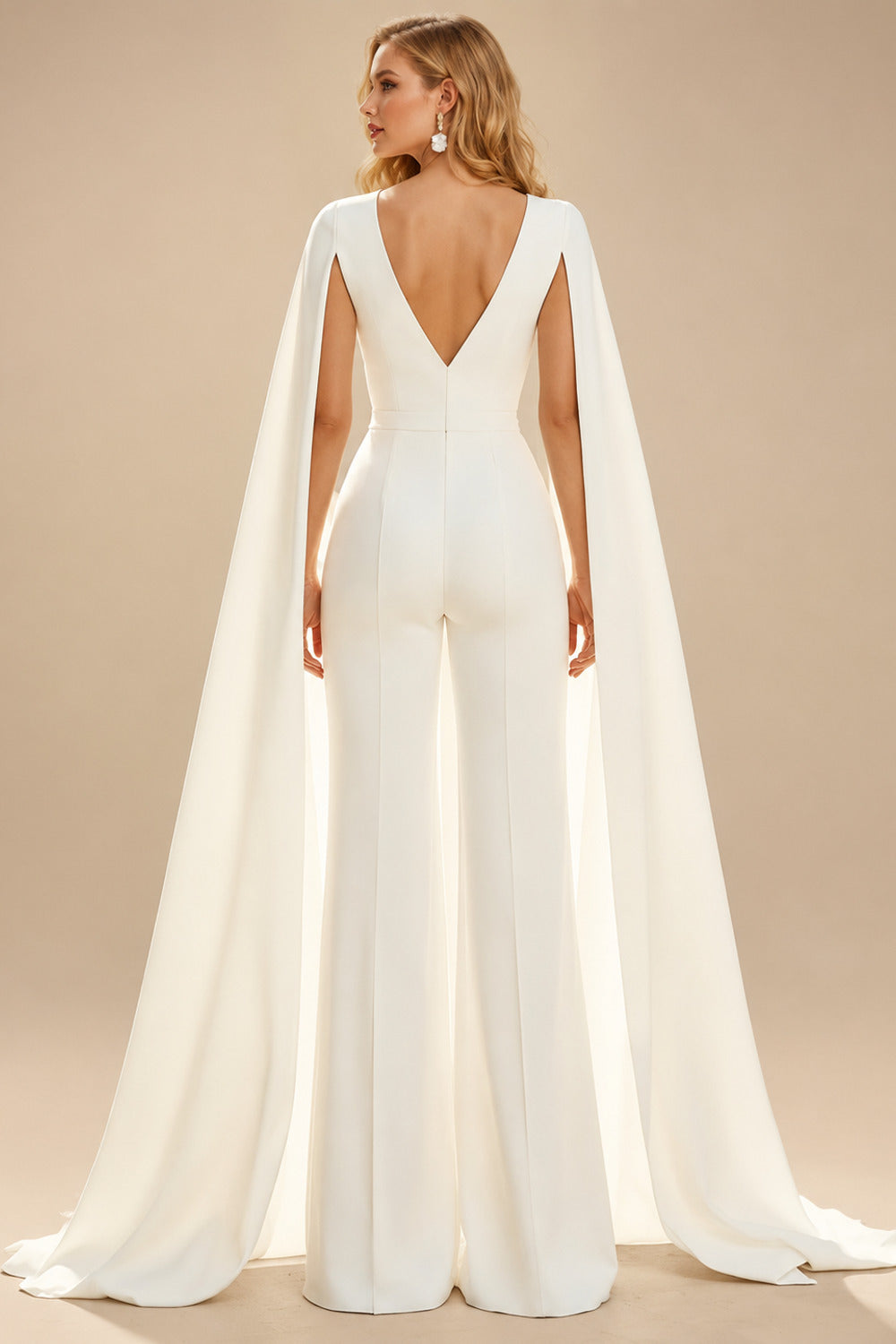 Rutipo Ivory Jumpsuit/Pantsuit Plunge Neck Cape Sleeves Floor-Length Wedding Dresses