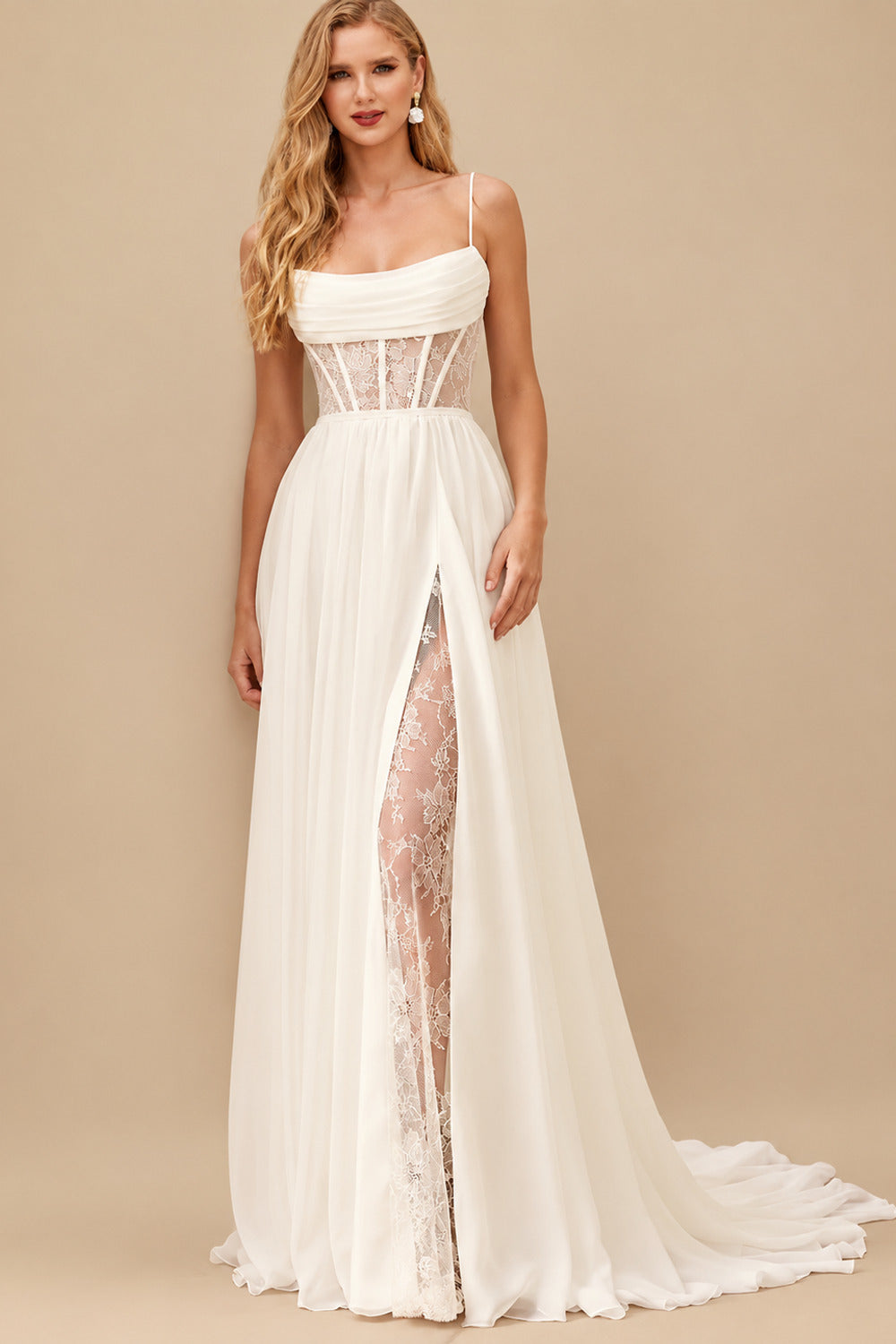 Rutipo Ivory A-Line Square Neckline Sleeveless Sweep Train Wedding Dresses With Appliques Lace/High Split