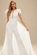 Rutipo Ivory Jumpsuit/Pantsuit Scoop Neck Sleeveless Court Train Chiffon Wedding Dresses With Overskirt Dress