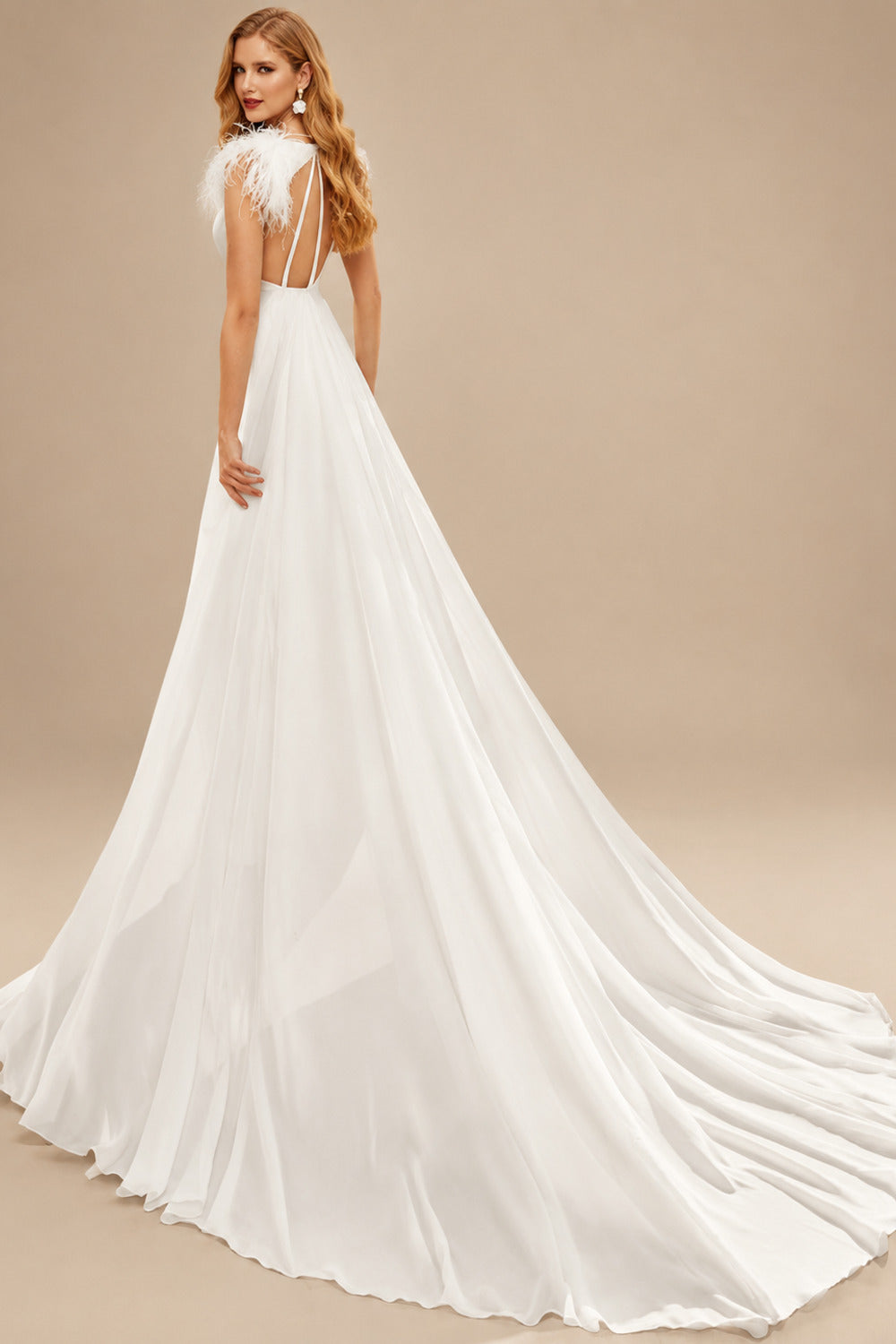 Rutipo Ivory Jumpsuit/Pantsuit Scoop Neck Sleeveless Court Train Chiffon Wedding Dresses With Overskirt Dress