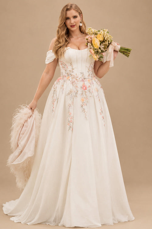 Rutipo White A-Line Off-The-Shoulder Cape Sleeves Court Train Satin/Stretch Chiffon Wedding Dresses With Split Front/Appliques Lace