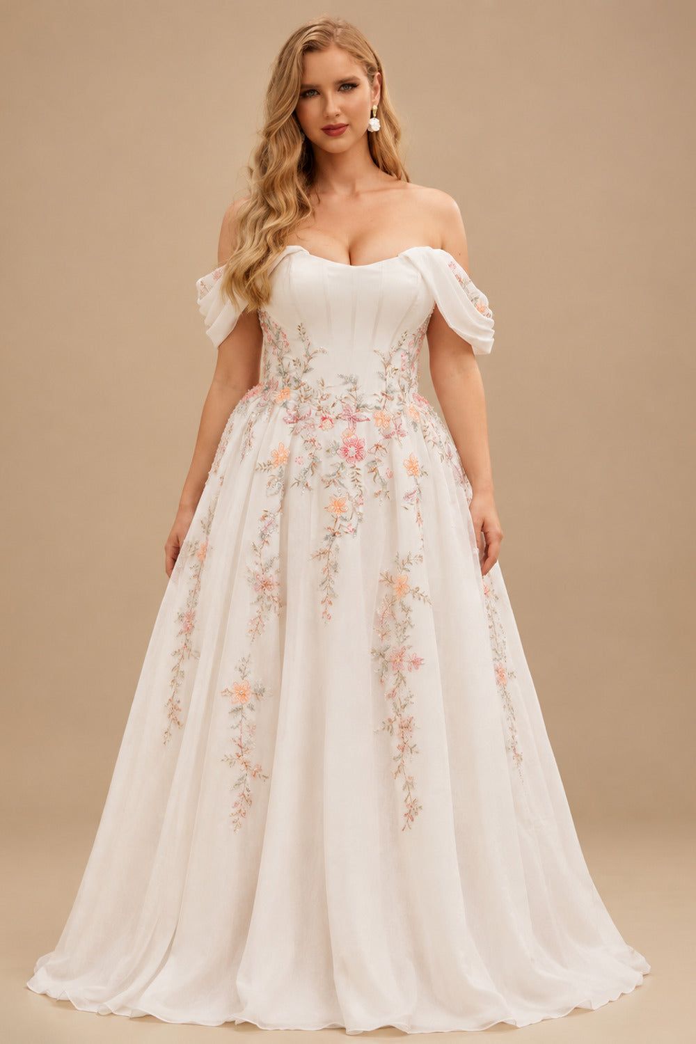 Rutipo White A-Line Off-The-Shoulder Cape Sleeves Court Train Satin/Stretch Chiffon Wedding Dresses With Split Front/Appliques Lace