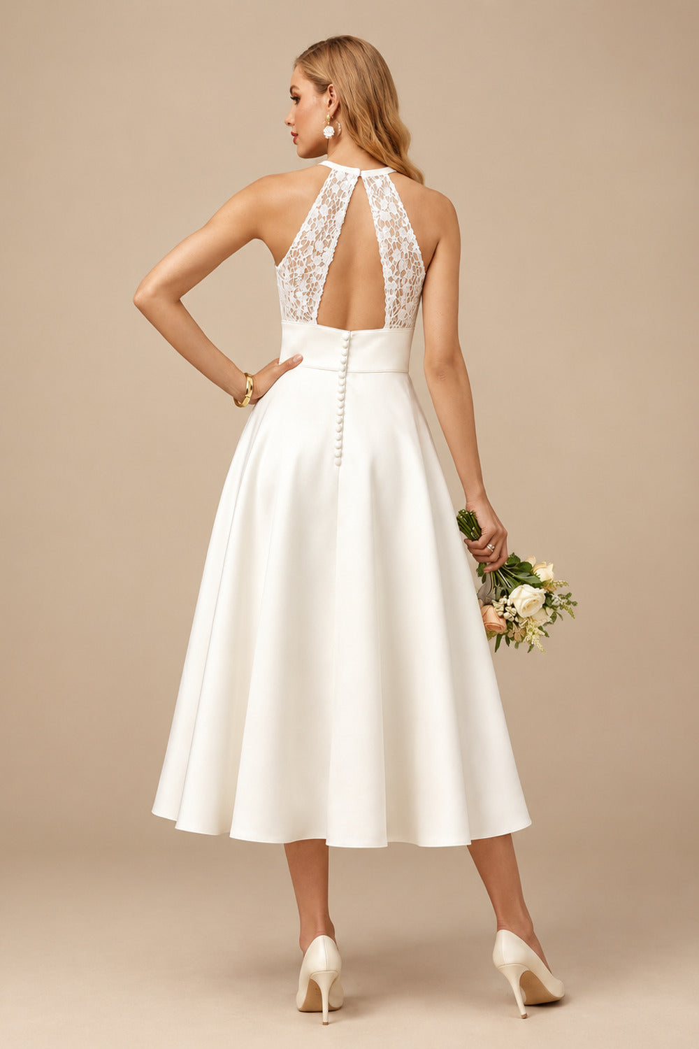 Rutipo Ivory Elegant Halter Sleeveless A-Line Tea-Length Lace/Satin Wedding Dresses With Pockets/Back Hole