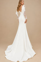 Rutipo Ivory Trumpet/Mermaid Plunge Neck Long Sleeves Sweep Train Elastic Satin Wedding Dresses