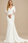 Rutipo Ivory Trumpet/Mermaid Plunge Neck Long Sleeves Sweep Train Elastic Satin Wedding Dresses