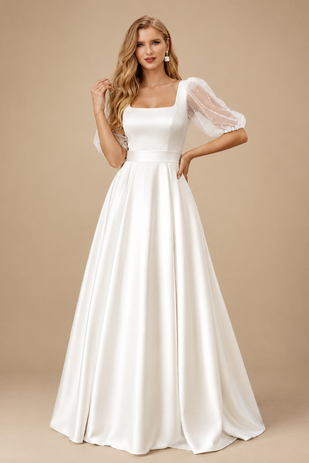Rutipo Ivory Ball-Gown Square Neckline Long Sleeves Floor-Length Satin Wedding Dresses With Beading