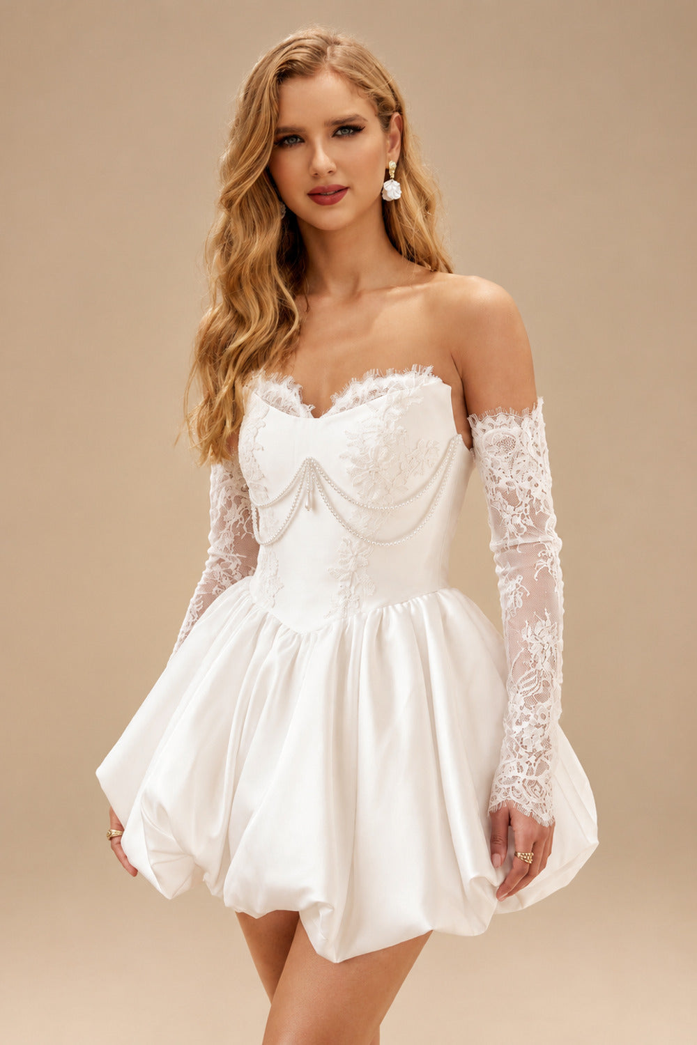 Rutipo White A-Line Sweetheart Long Sleeves Short/Mini Lace/Tulle/Matte Satin Wedding Dresses With Beading/Lace