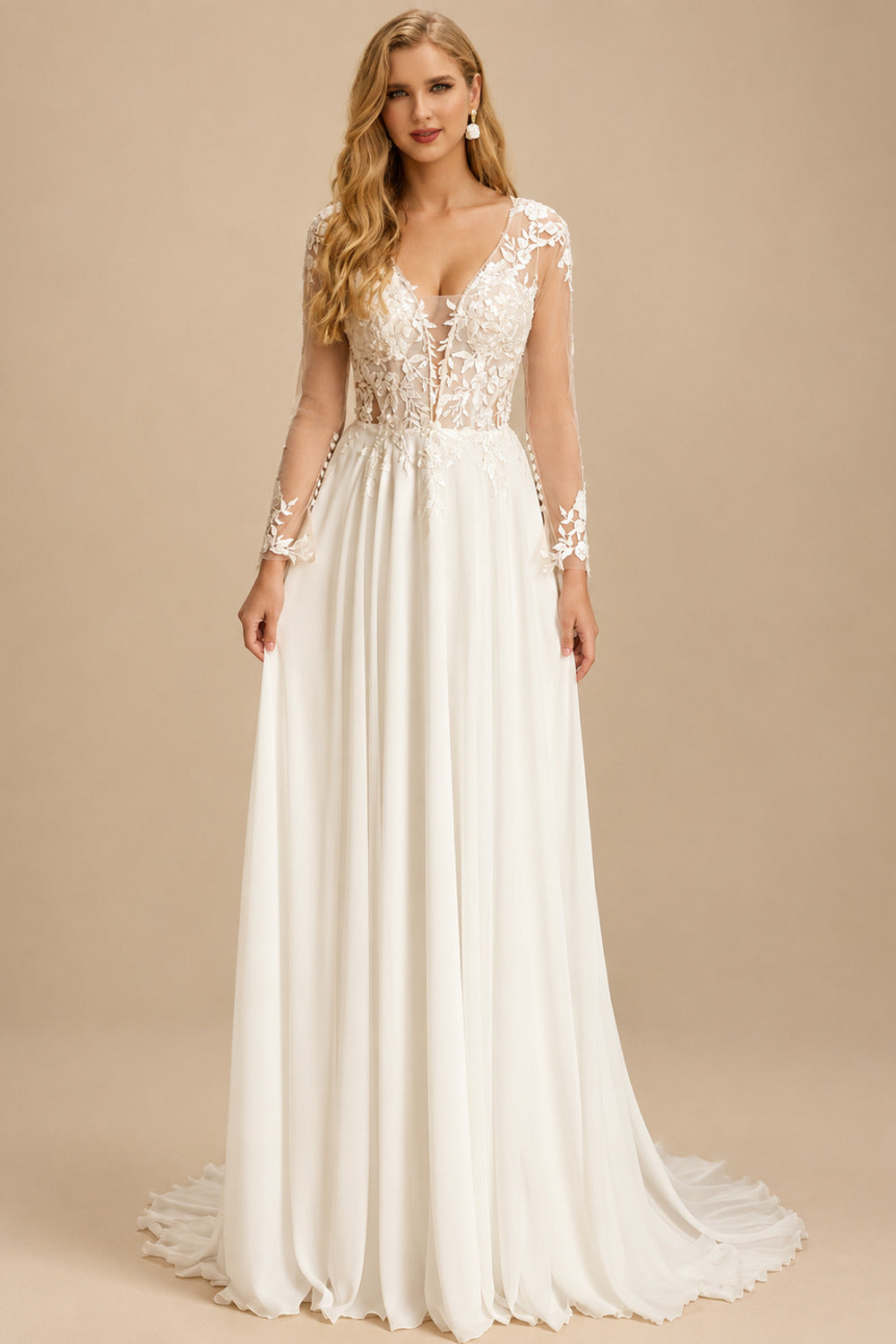 Rutipo Ivory A-Line V-Neck Long Sleeves Sweep Train Chiffon/Lace Wedding Dresses