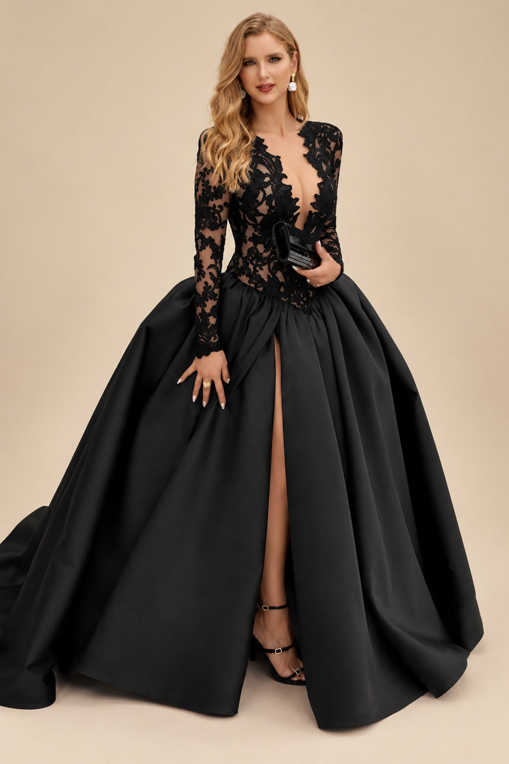 Rutipo Black Ball-Gown Illusion Neck Long Sleeves Court Train Lace/Satin Wedding Dresses With Appliques Lace/High Split