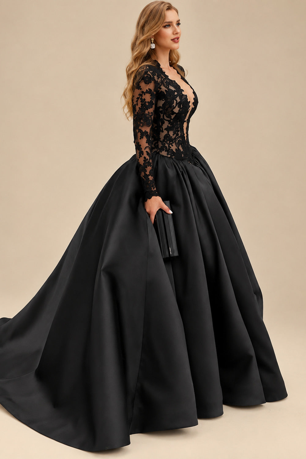 Rutipo Black Ball-Gown Illusion Neck Long Sleeves Court Train Lace/Satin Wedding Dresses With Appliques Lace/High Split