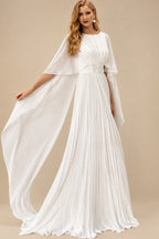 Rutipo White Elegant Scoop Neck Cape Sleeves A-Line Floor-Length Chiffon Wedding Dress With Pleated/Flower(s)