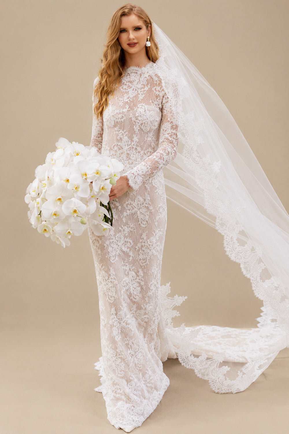 Rutipo As Picture Trumpet/Mermaid High Neck Long Sleeves Court Train Lace Wedding Dresses With Back Hole
