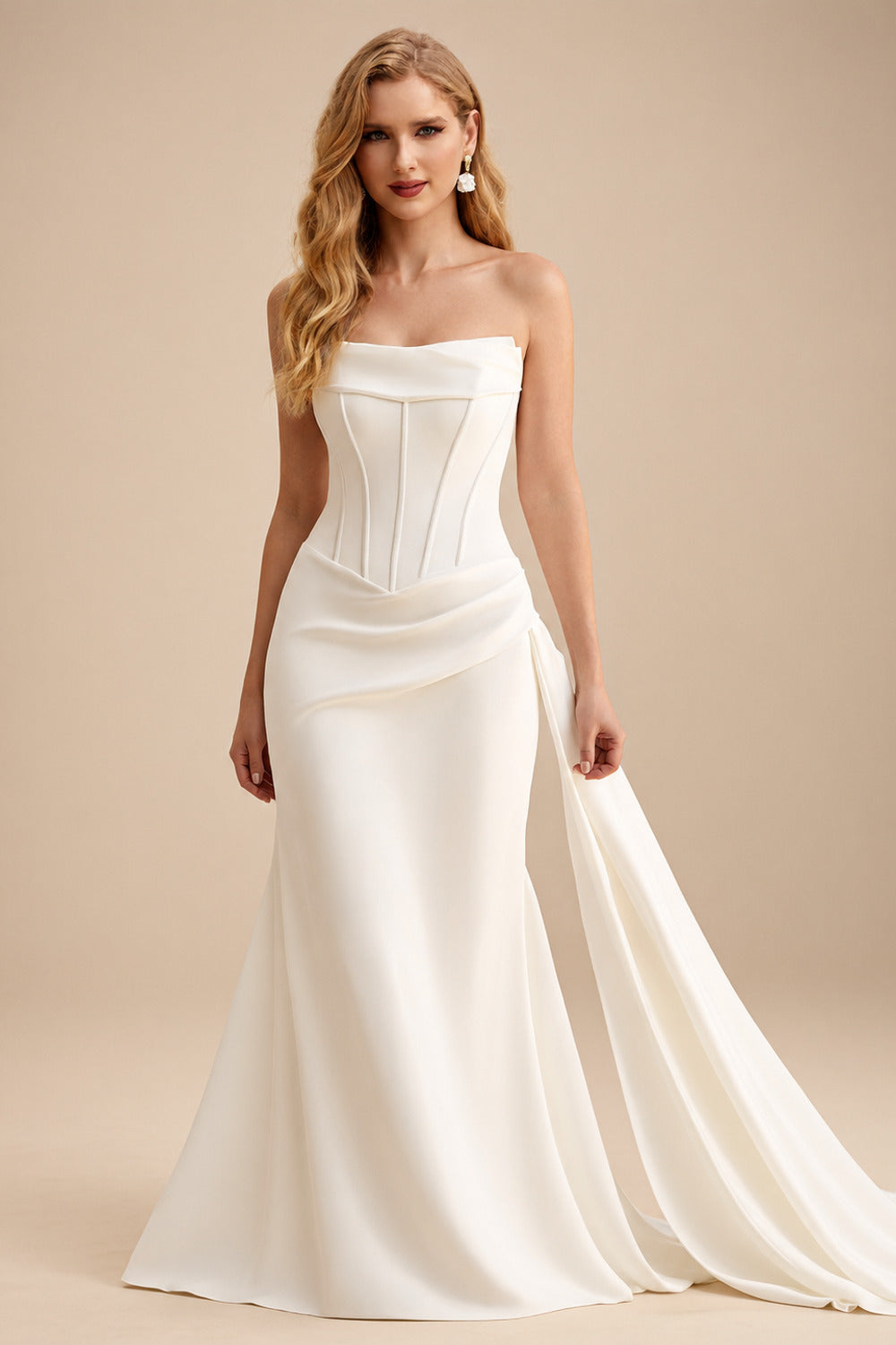 Rutipo Ivory Sheath/Column Strapless Detachable Sleeves Sweep Train Elastic Satin Wedding Dresses