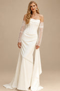 Rutipo Ivory Sheath/Column Strapless Detachable Sleeves Sweep Train Elastic Satin Wedding Dresses