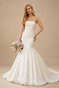 Rutipo Ivory Trumpet/Mermaid Strapless Sleeveless Chapel Train Wedding Dresses With Bubble Hem