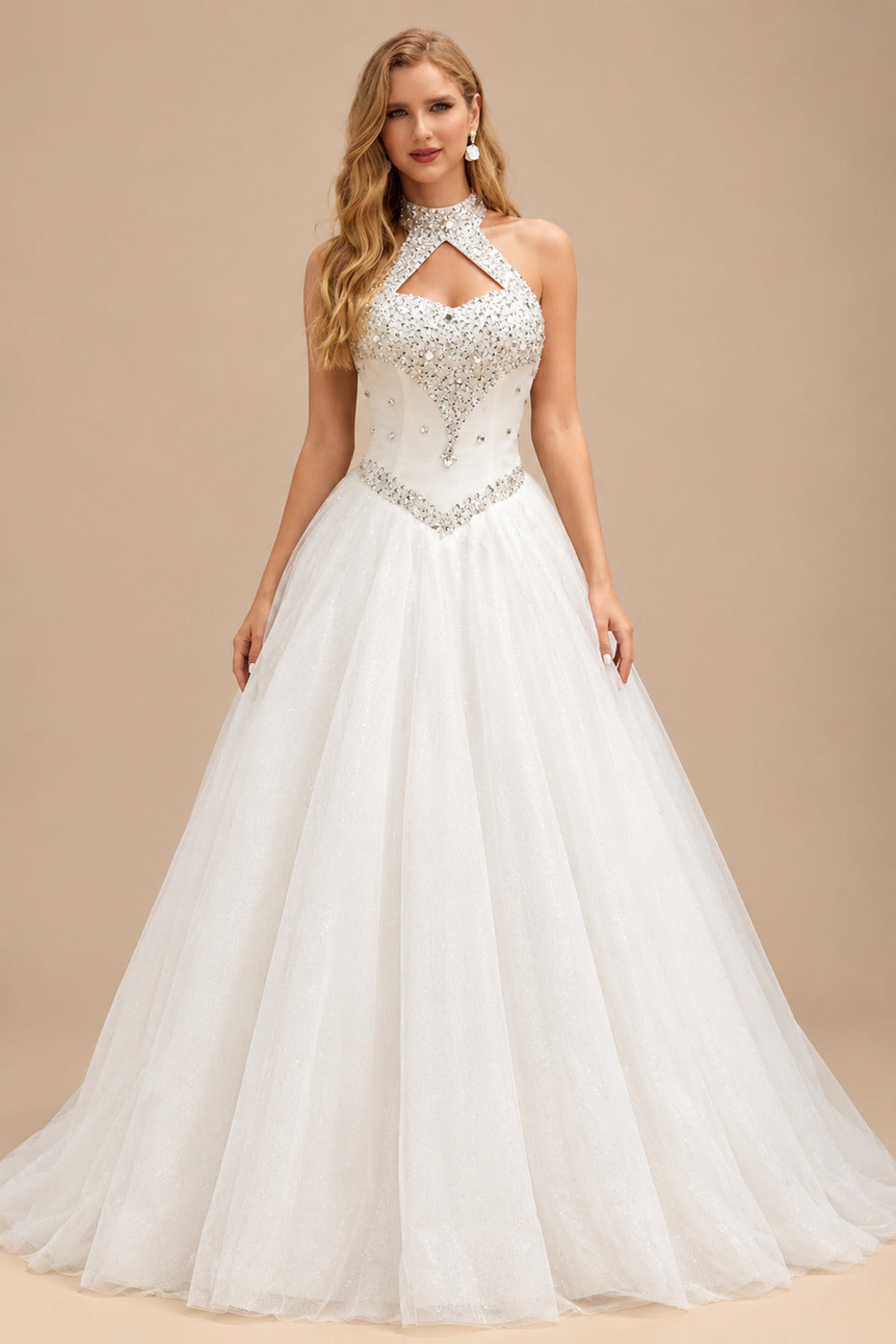 Rutipo White Sparkle & Shine Halter Sleeveless Ball-Gown Floor-Length Satin/Tulle Wedding Dresses With Rhinestone