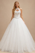 Rutipo White Sparkle & Shine Halter Sleeveless Ball-Gown Floor-Length Satin/Tulle Wedding Dresses With Rhinestone