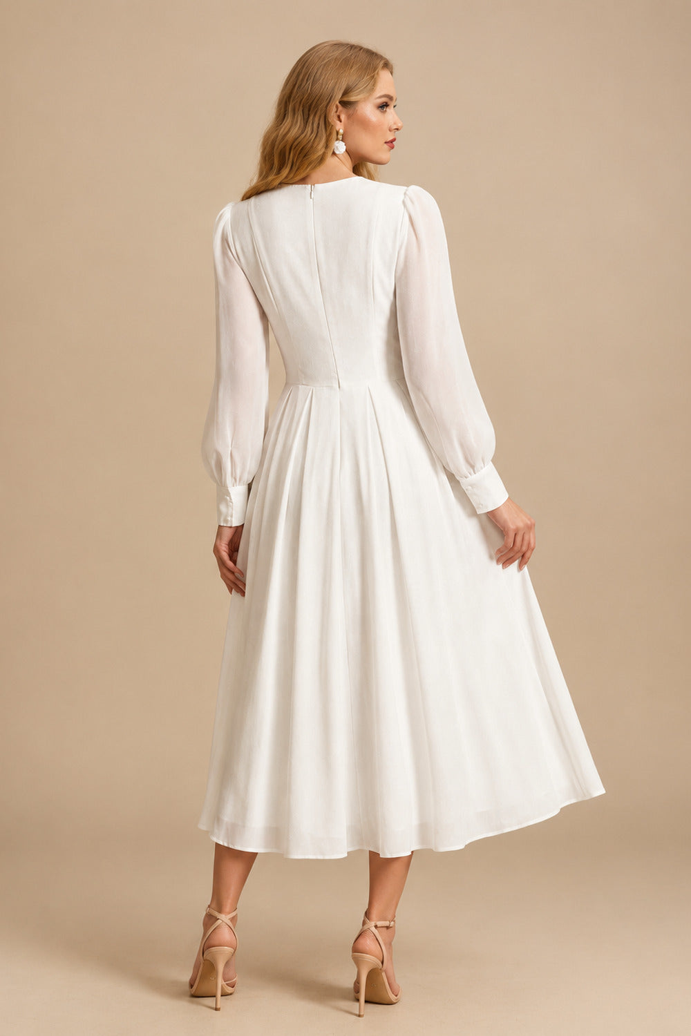 Rutipo Ivory A-Line V-Neck Long Sleeves Tea-Length Chiffon Wedding Dresses