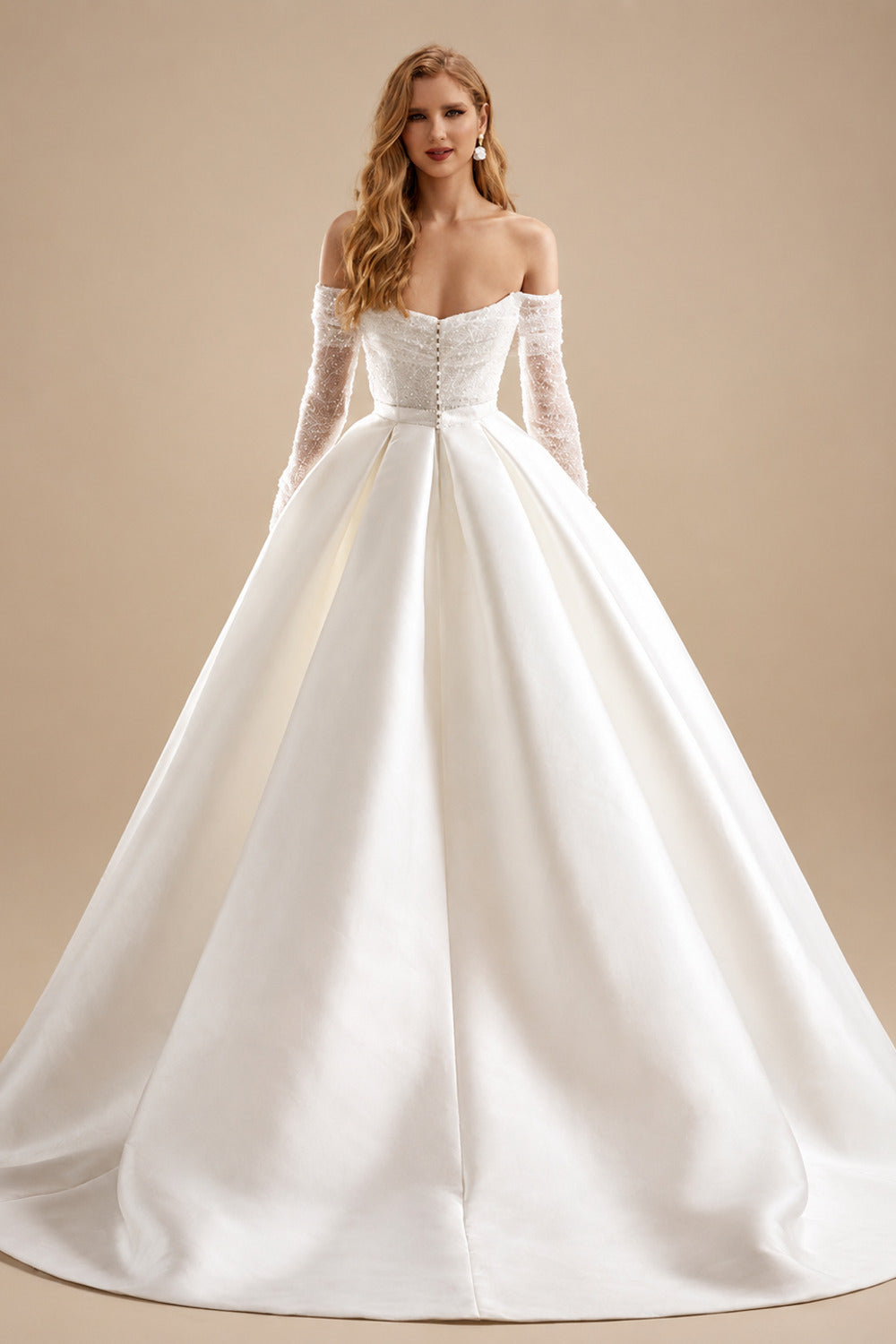 Rutipo Ivory Ball-Gown Off-The-Shoulder Long Sleeves Sweep Train Twill Satin Wedding Dresses With Beading