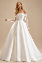 Rutipo Ivory Ball-Gown Off-The-Shoulder Long Sleeves Sweep Train Twill Satin Wedding Dresses With Beading