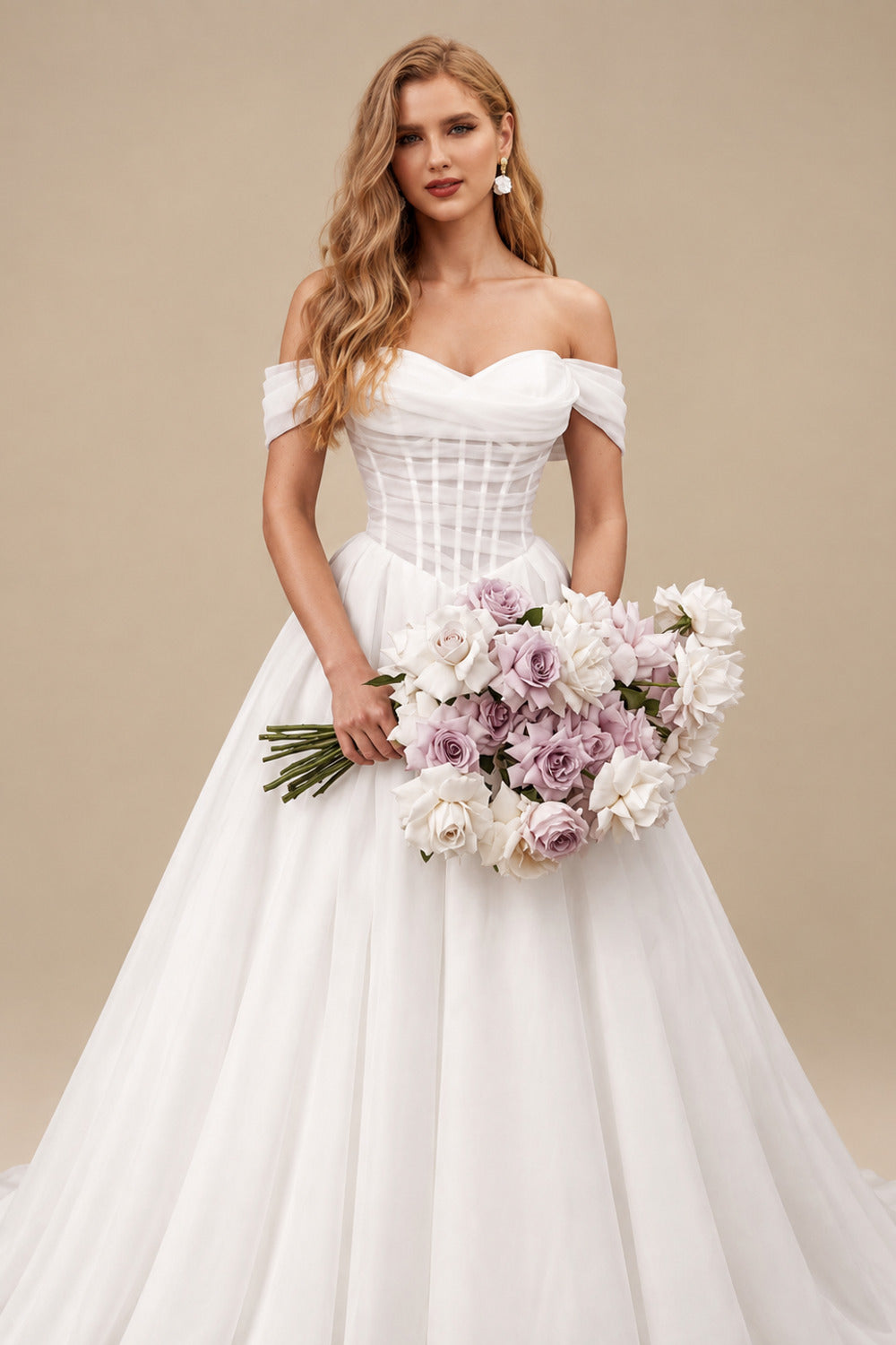Rutipo White Ball-Gown Off-The-Shoulder Sleeveless Court Train Satin/Tulle Wedding Dresses With Pleated