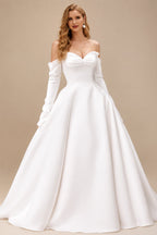 Rutipo White Ball-Gown Sweetheart Long Sleeves Cathedral Satin Wedding Dresses With Bow(s)