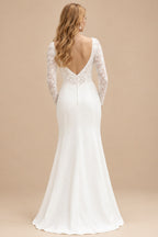 Rutipo Ivory Trumpet/Mermaid Sweetheart Long Sleeves Sweep Train Lace/Elastic Satin Wedding Dresses