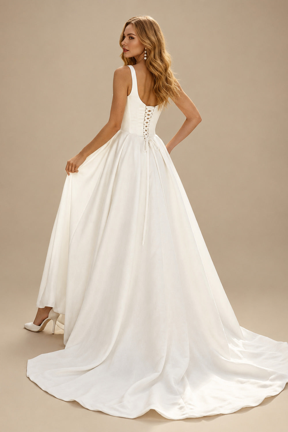 Rutipo Ivory A-Line Square Neckline Sleeveless Court Train Satin Wedding Dresses With Pleated