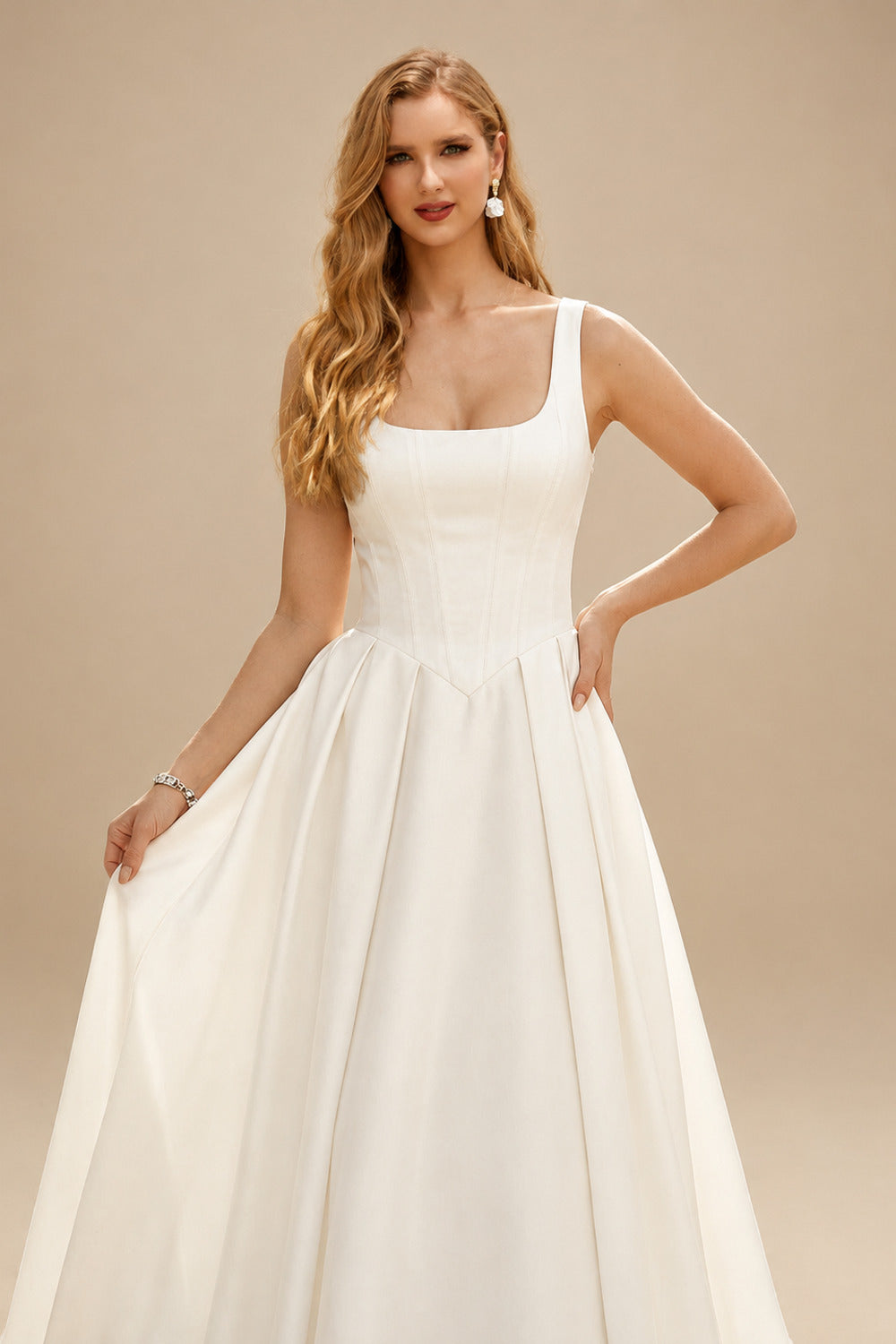 Rutipo Ivory A-Line Square Neckline Sleeveless Court Train Satin Wedding Dresses With Pleated