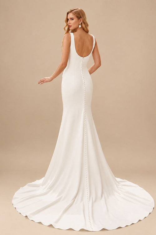 Rutipo Ivory A-Line Scoop Neck Sleeveless Sweep Train Elastic Satin Wedding Dresses With High Split