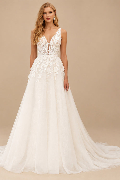 Rutipo Ivory A-Line Plunge Neck Sleeveless Court Train Chiffon/Tulle Wedding Dresses With Appliques Lace