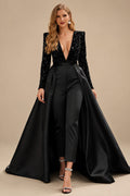 Rutipo Black Jumpsuit/Pantsuit Plunge Neck Long Sleeves Detachable Satin/Velvet Sequin Wedding Dresses With Sequins