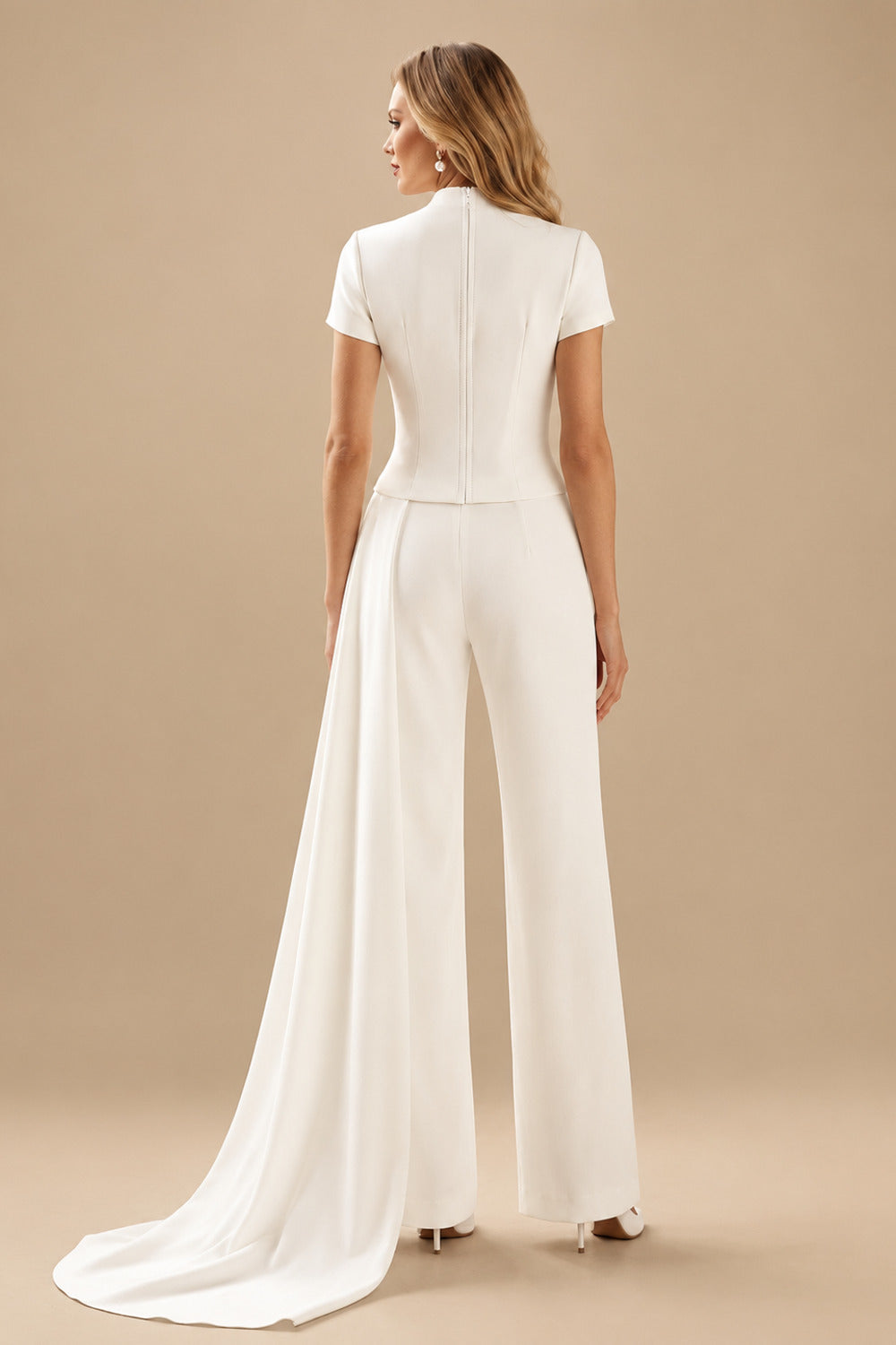 Rutipo Ivory Jumpsuit/Pantsuit High Neck Short Sleeves Floor-Length Elastic Satin Wedding Dresses With Sweeping Side Drape