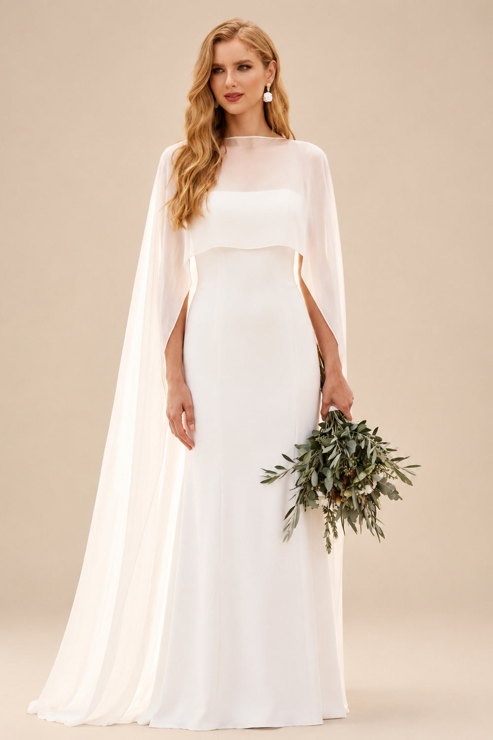 Rutipo Ivory Mermaid Scoop Neck Cape Sleeves Sweep Train Chiffon/Elastic Satin Wedding Dress