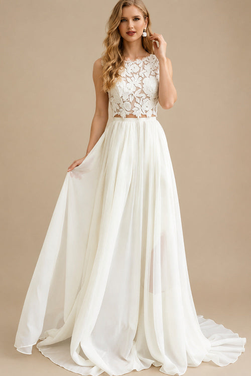 Rutipo Ivory A-Line Scoop Neck Sleeveless Sweep Train Chiffon Wedding Dresses With Lace