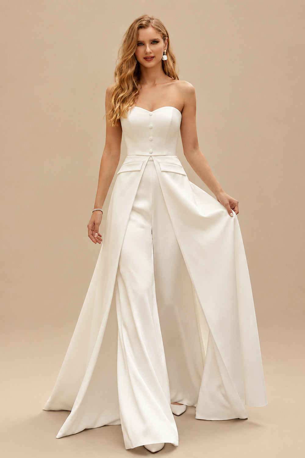 Rutipo Ivory Jumpsuit/Pantsuit Strapless Sleeveless Floor-Length Matte Satin Wedding Dresses