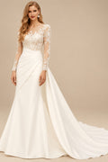 Rutipo Ivory Trumpet/Mermaid Illusion Neck Long Sleeves Sweep Train Matte Satin Wedding Dresses With Appliques